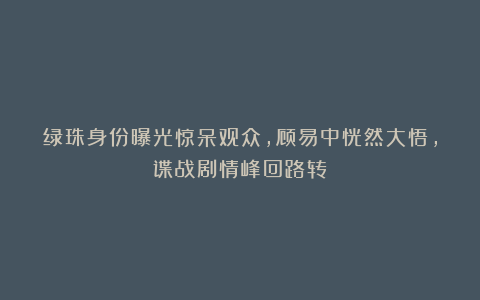 绿珠身份曝光惊呆观众，顾易中恍然大悟，谍战剧情峰回路转