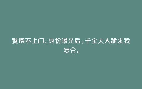 赘婿不上门。身份曝光后，千金夫人跪求我复合。