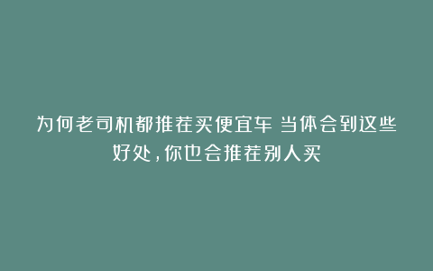 为何老司机都推荐买便宜车？当体会到这些好处，你也会推荐别人买