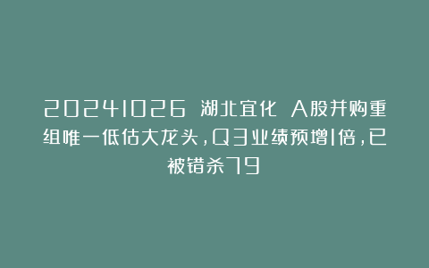 20241026 湖北宜化 A股并购重组唯一低估大龙头,Q3业绩预增1倍,已被错杀79%