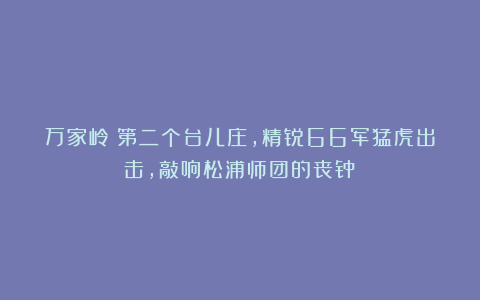 万家岭：第二个台儿庄，精锐66军猛虎出击，敲响松浦师团的丧钟！