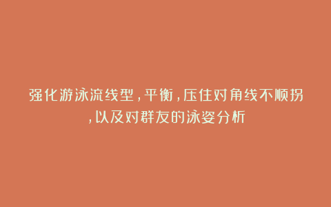 强化游泳流线型，平衡，压住对角线不顺拐，以及对群友的泳姿分析