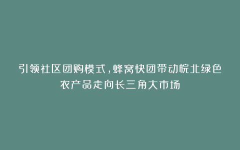 引领社区团购模式，蜂窝快团带动皖北绿色农产品走向长三角大市场