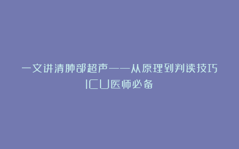 一文讲清肺部超声——从原理到判读技巧！ICU医师必备！