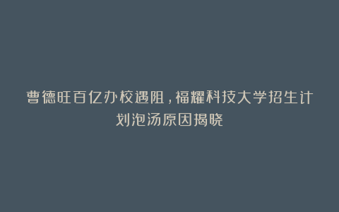 曹德旺百亿办校遇阻，福耀科技大学招生计划泡汤原因揭晓