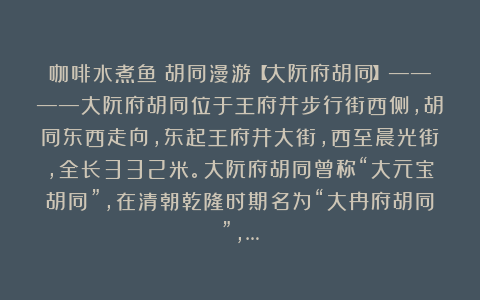 咖啡水煮鱼：胡同漫游【大阮府胡同】————大阮府胡同位于王府井步行街西侧，胡同东西走向，东起王府井大街，西至晨光街，全长332米。大阮府胡同曾称“大元宝胡同”，在清朝乾隆时期名为“大冉府胡同”，…