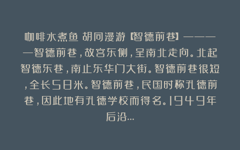 咖啡水煮鱼：胡同漫游【智德前巷】————智德前巷，故宫东侧，呈南北走向。北起智德东巷，南止东华门大街。智德前巷很短，全长58米。智德前巷，民国时称孔德前巷，因此地有孔德学校而得名。1949年后沿…