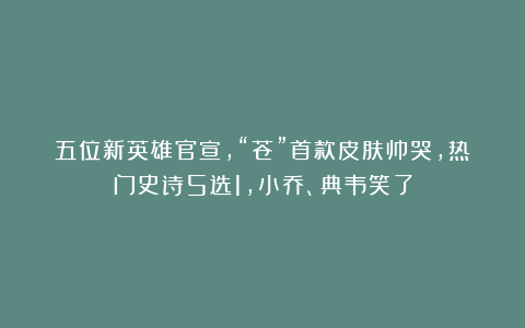 五位新英雄官宣，“苍”首款皮肤帅哭，热门史诗5选1，小乔、典韦笑了