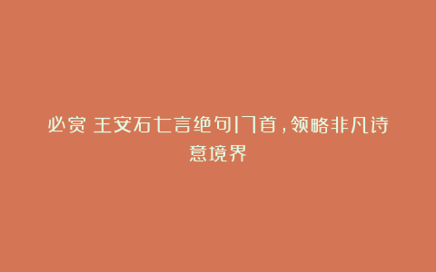 必赏！王安石七言绝句17首，领略非凡诗意境界